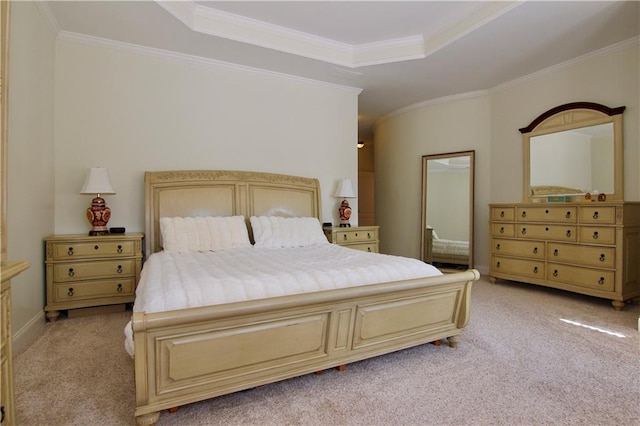 carpeted bedroom featuring crown molding and a raised ceiling