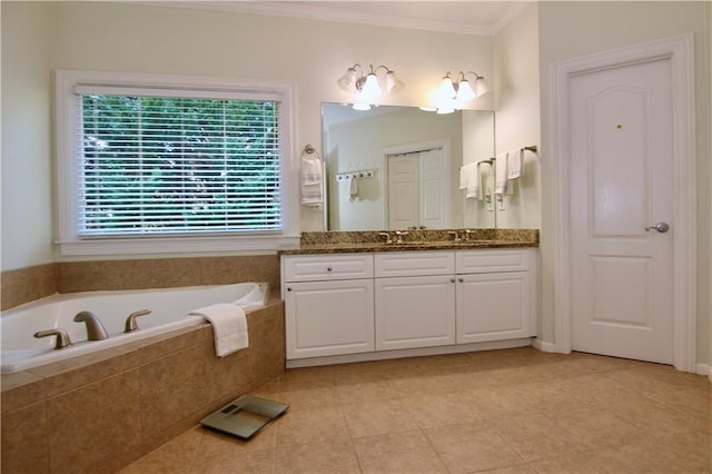 bathroom with vanity, crown molding, tiled tub, and tile patterned flooring