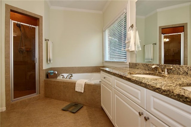 bathroom with vanity, crown molding, separate shower and tub, and tile patterned flooring