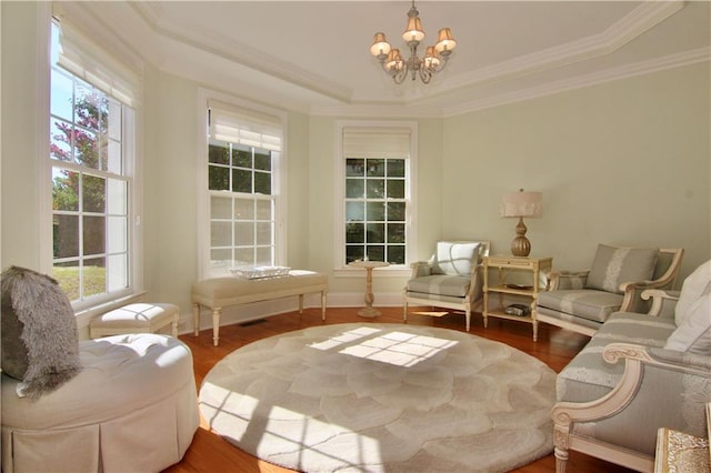 living area featuring a tray ceiling, ornamental molding, an inviting chandelier, and hardwood / wood-style floors