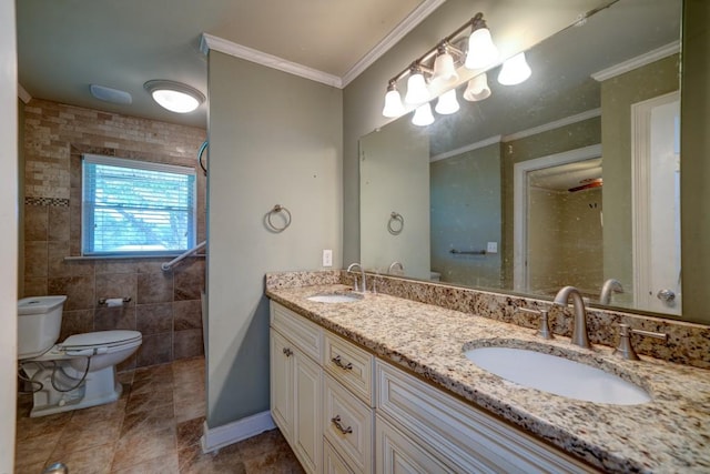 bathroom with double vanity, a sink, and crown molding