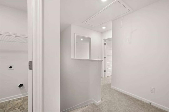 1410 Aura Ln, Lawrenceville, GA 30045 - hallway featuring attic access, baseboards, and carpet