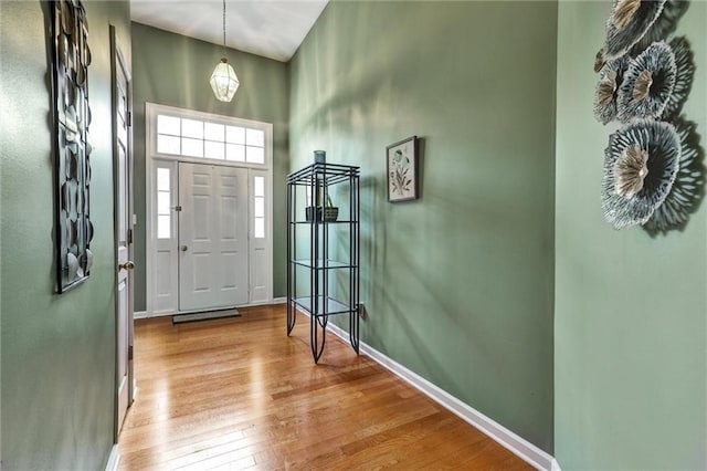 foyer entrance featuring baseboards and wood finished floors
