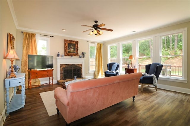 36 Evergreen Way, Dallas, GA 30157 - living room featuring healthy amount of natural light, ornamental molding, a ceiling fan, dark wood-type flooring, and a fireplace