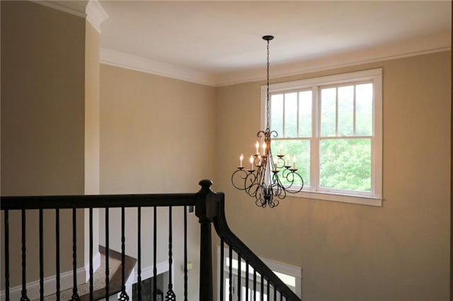 36 Evergreen Way, Dallas, GA 30157 - stairway featuring a chandelier and ornamental molding