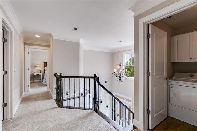 36 Evergreen Way, Dallas, GA 30157 - corridor with washer / clothes dryer, a chandelier, an upstairs landing, ornamental molding, and recessed lighting