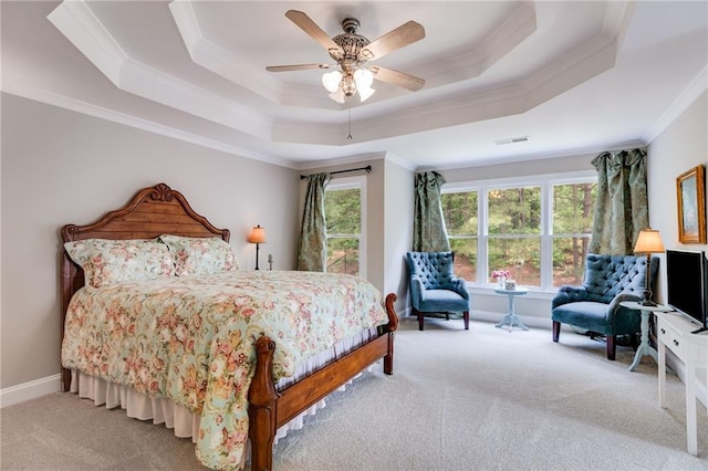 36 Evergreen Way, Dallas, GA 30157 - bedroom featuring carpet floors, crown molding, a raised ceiling, and ceiling fan
