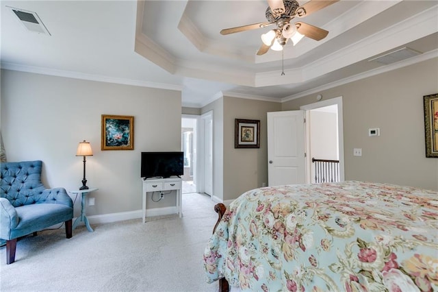36 Evergreen Way, Dallas, GA 30157 - bedroom featuring a tray ceiling, light carpet, ornamental molding, and ceiling fan