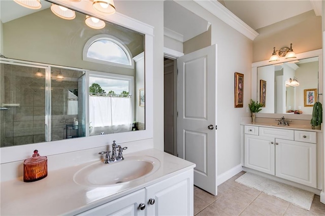 36 Evergreen Way, Dallas, GA 30157 - bathroom featuring two vanities, tile patterned floors, and a stall shower