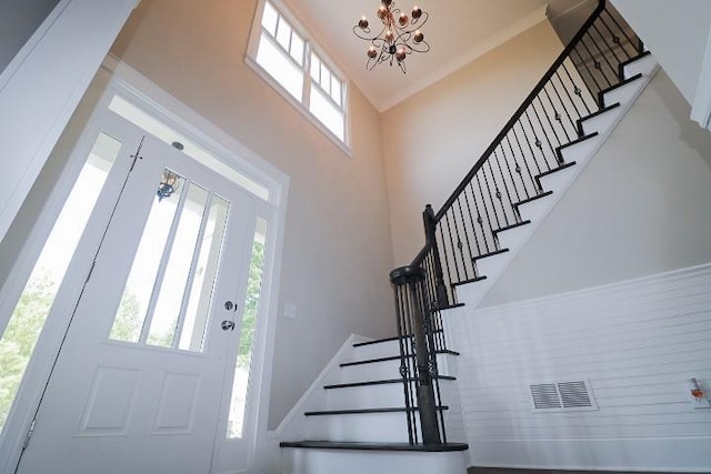 36 Evergreen Way, Dallas, GA 30157 - foyer with stairway, a chandelier, and a towering ceiling