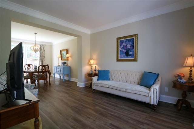 36 Evergreen Way, Dallas, GA 30157 - living room with a chandelier, wood finished floors, and crown molding