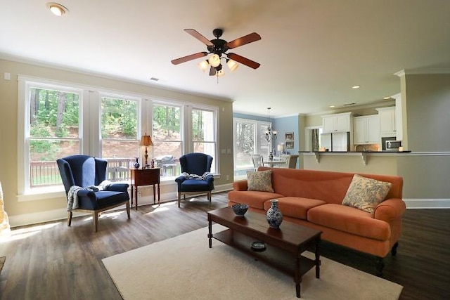 36 Evergreen Way, Dallas, GA 30157 - living room featuring healthy amount of natural light, dark wood-style floors, ceiling fan, ornamental molding, and recessed lighting