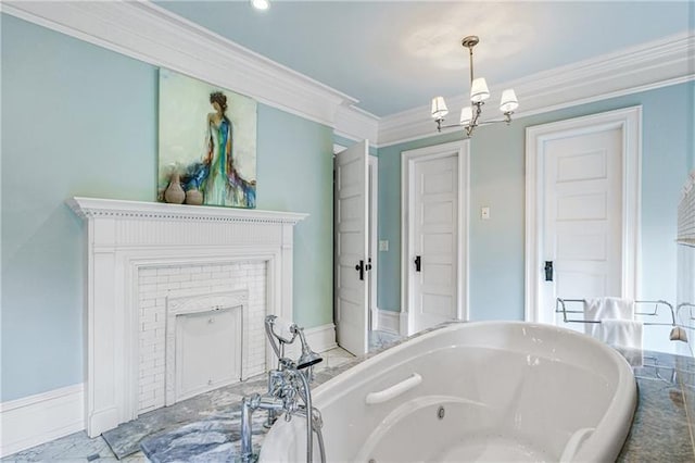 bathroom featuring an inviting chandelier, a brick fireplace, tile flooring, ornamental molding, and a washtub