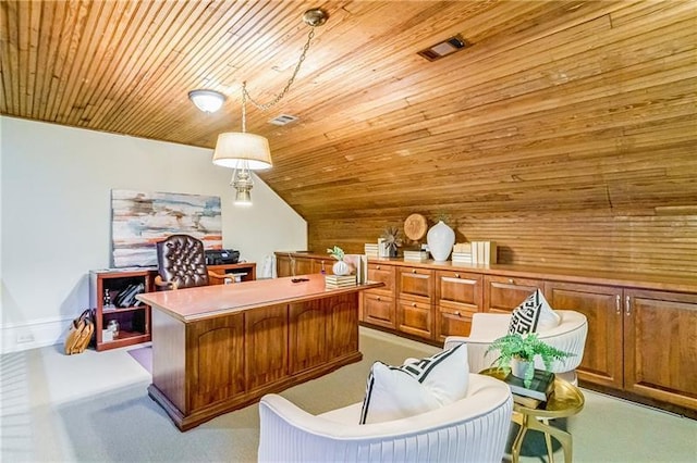 carpeted office space with lofted ceiling and wood ceiling