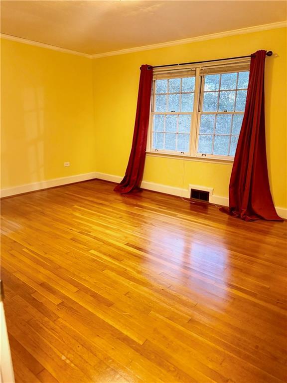 spare room featuring ornamental molding, wood-type flooring, and a wealth of natural light