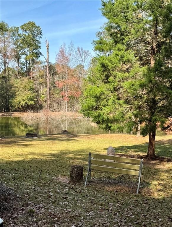 view of property's community with a water view and a yard