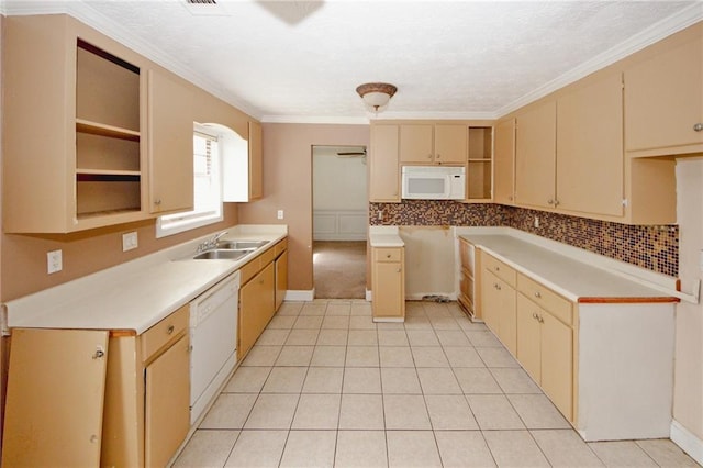 4161 Windermere Dr, Lithonia, GA 30038 - kitchen with a sink, backsplash, white appliances, and open shelves