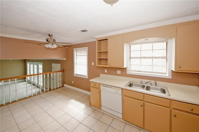 4161 Windermere Dr, Lithonia, GA 30038 - kitchen featuring visible vents, open shelves, light countertops, white dishwasher, and a sink