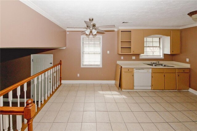 4161 Windermere Dr, Lithonia, GA 30038 - kitchen featuring light countertops, crown molding, white dishwasher, and a sink