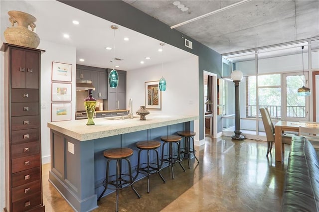 845 Spring St NW Unit 129, Atlanta, GA 30308 - kitchen with a sink, concrete flooring, under cabinet range hood, baseboards, and recessed lighting