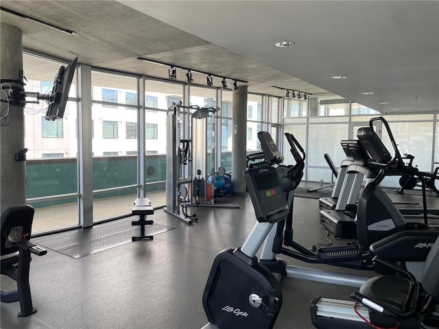 845 Spring St NW Unit 129, Atlanta, GA 30308 - gym featuring plenty of natural light, a wall of windows, and track lighting