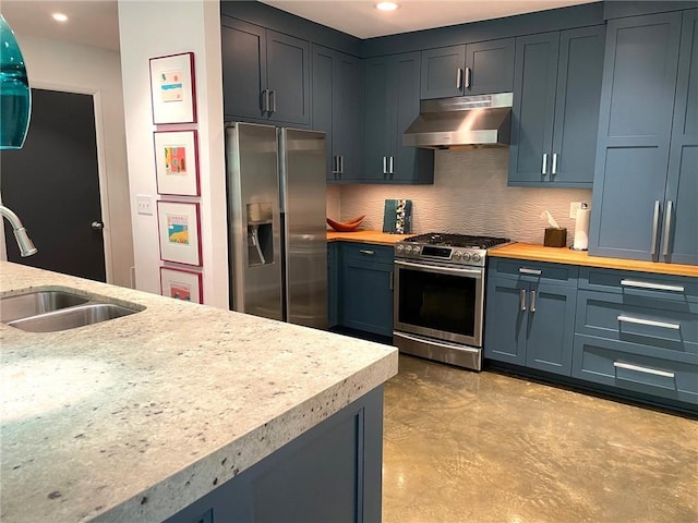 845 Spring St NW Unit 129, Atlanta, GA 30308 - kitchen with under cabinet range hood, stainless steel appliances, a sink, finished concrete floors, and recessed lighting