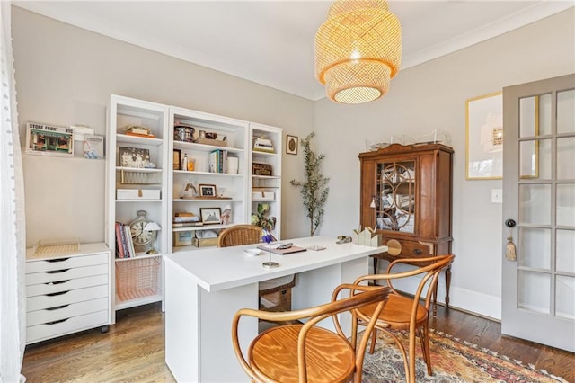 office space with ornamental molding and dark hardwood / wood-style floors