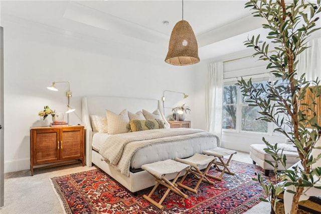 carpeted bedroom featuring a raised ceiling