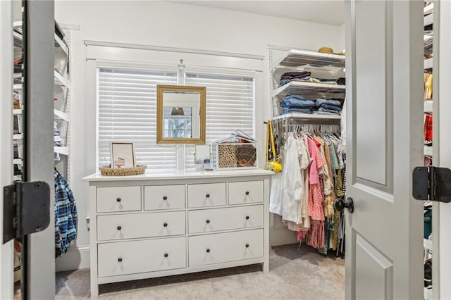 spacious closet featuring light carpet