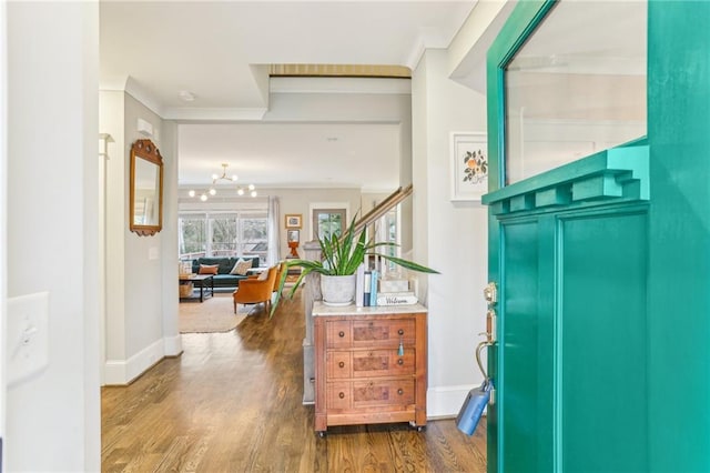 entrance foyer with wood-type flooring and crown molding