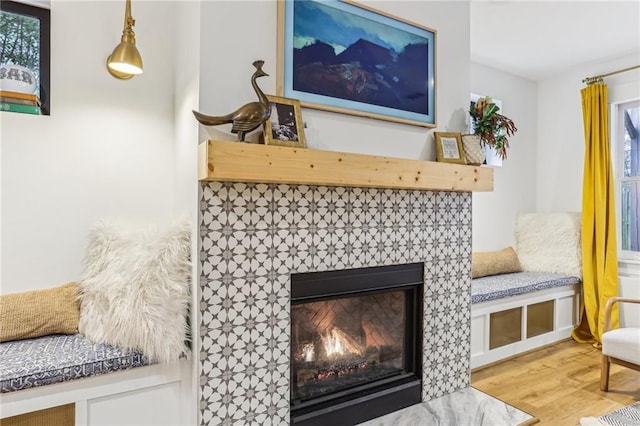 room details with a tile fireplace and wood-type flooring