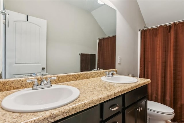 bathroom with vanity, vaulted ceiling, and toilet