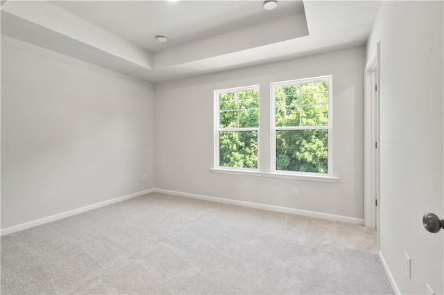 carpeted spare room with a tray ceiling