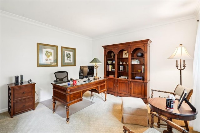 office area with carpet floors and ornamental molding