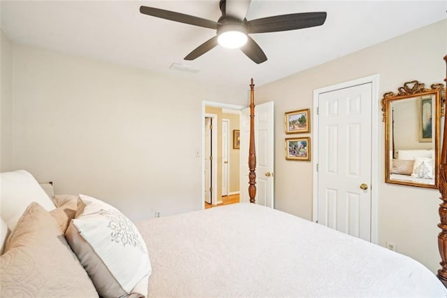 bedroom featuring visible vents and a ceiling fan
