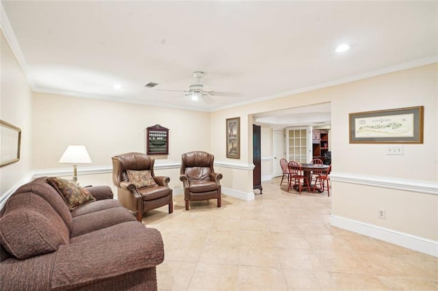 living area with light tile patterned flooring, recessed lighting, ceiling fan, and crown molding