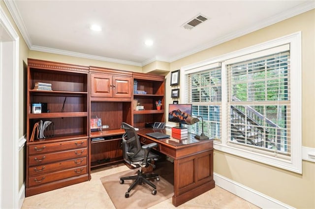 home office with baseboards, visible vents, light tile patterned floors, and crown molding