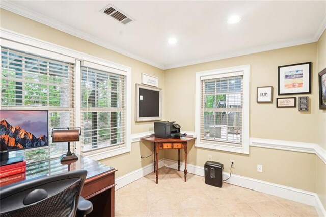 home office featuring baseboards, crown molding, visible vents, and light tile patterned floors