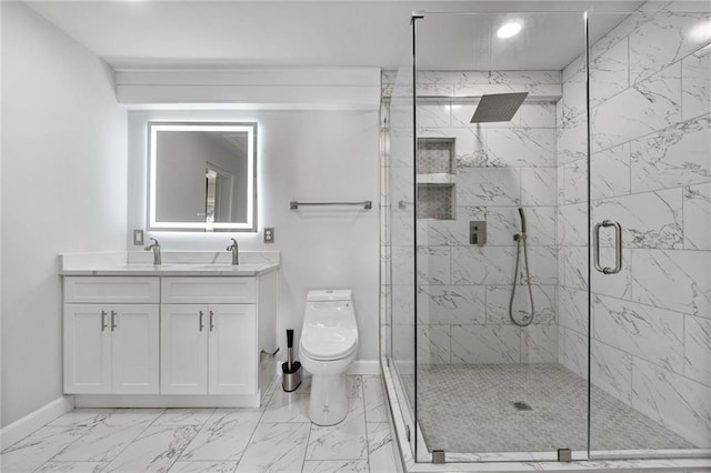 bathroom with a stall shower, baseboards, toilet, marble finish floor, and vanity