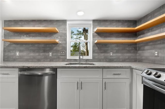 kitchen with appliances with stainless steel finishes, a sink, backsplash, and open shelves