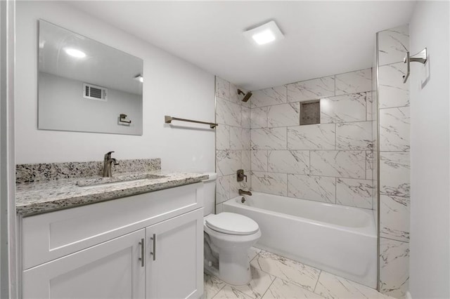 full bath featuring visible vents, toilet, marble finish floor, vanity, and shower / bathing tub combination