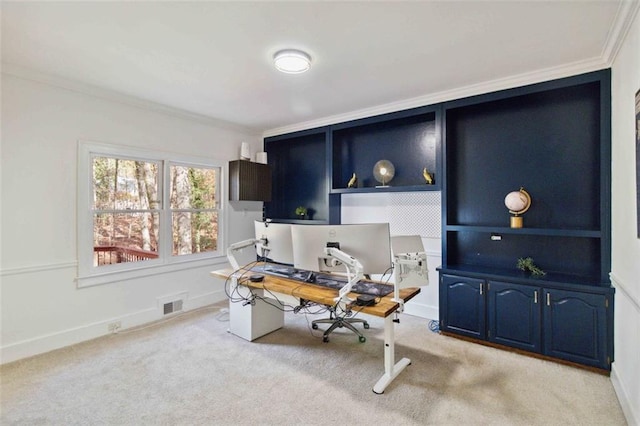 office area featuring light colored carpet and ornamental molding