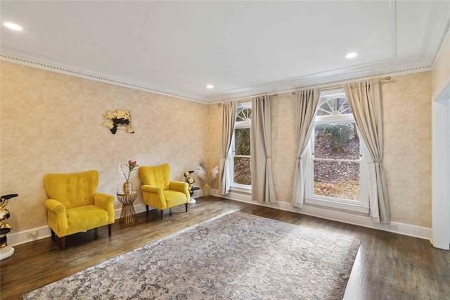 living room featuring beamed ceiling, ornamental molding, french doors, and dark wood-type flooring