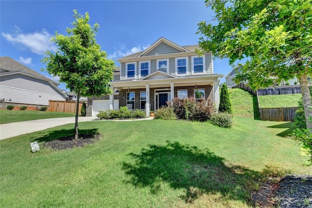 6867 Kate Ln, Flowery Branch, GA 30542 - craftsman-style house with driveway, brick siding, a porch, and a garage