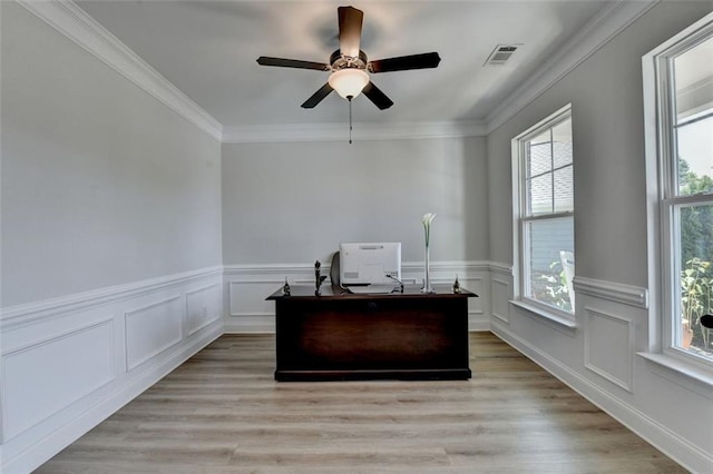 6867 Kate Ln, Flowery Branch, GA 30542 - home office featuring a wainscoted wall, ornamental molding, a ceiling fan, and light wood-type flooring