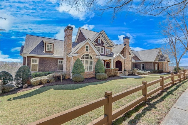 view of front facade with fence, a chimney, and a front lawn