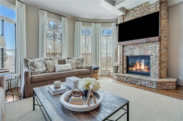 living room featuring a healthy amount of sunlight, a fireplace, beamed ceiling, and wood finished floors