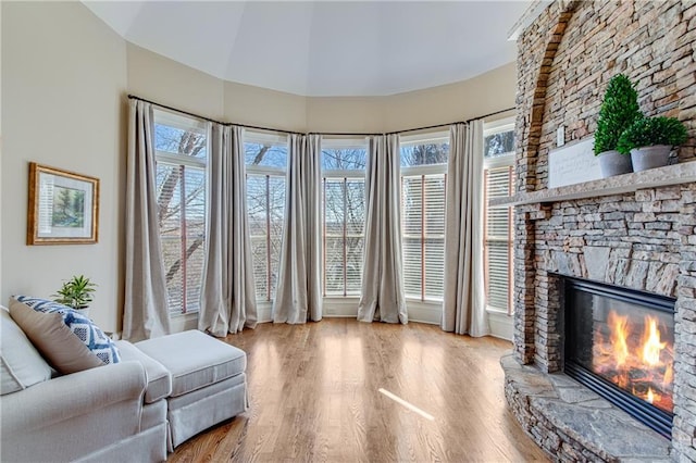 living area with a fireplace, wood finished floors, and a wealth of natural light