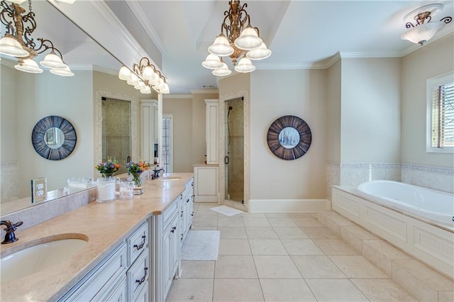 full bathroom with baseboards, tile patterned flooring, crown molding, a shower stall, and a sink