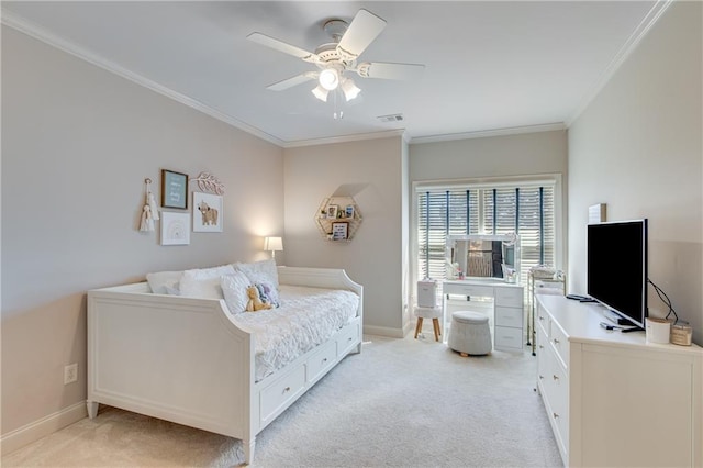 bedroom featuring light carpet, crown molding, visible vents, and baseboards